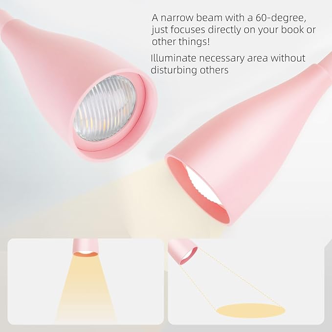 LED Wall Mounted Bedside Reading Light, 3 Color Modes,10 Brightness Dimmable, USB Charging Port, Adhesive Wall Lamp Night Light for Books in Bed, Flexible Neck Eye-Caring Bedroom Lighting Pink