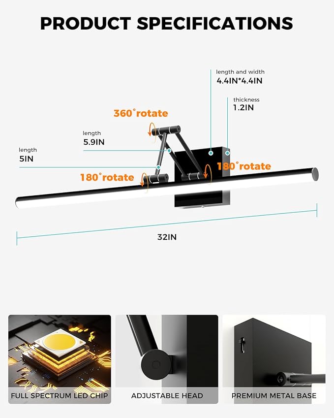 Morden Long Vanity Lights, Black 32IN Bathroom Light Fixtures, 360°Rotatable Bathroom Vanity Fixture Over Mirror with 5CCT&Dimmable Wall Lamp, Eye-Friendly Led Bar For Vanity&Makeup-ETL, Ideal Gift