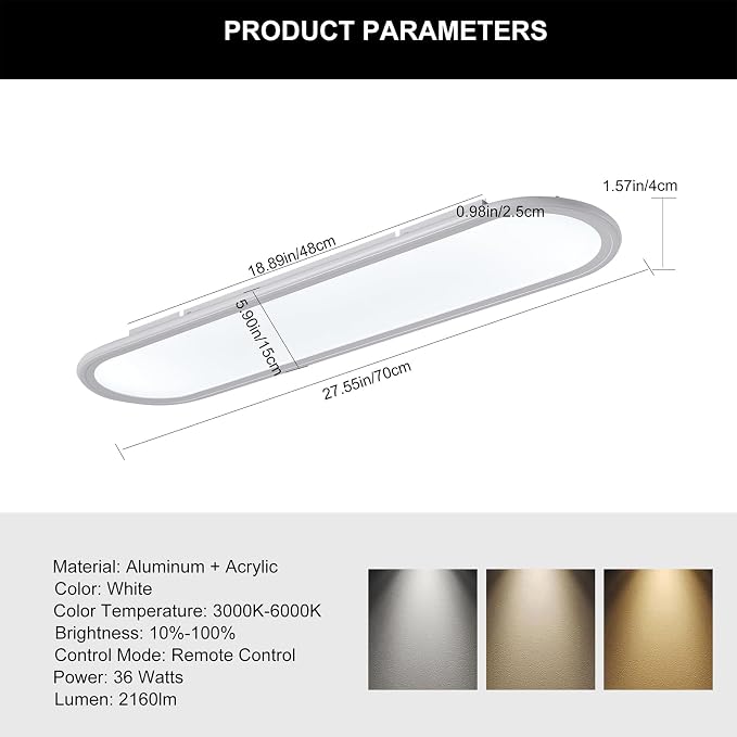 27.6-Inch Dimmable LED Linear Ceiling Light, 36W Low Profile | Ultra-Thin White Fixture with APP & Remote, 3000K-6500K, 10%-100% Brightness for Kitchen, Bedroom, Hallway and Study