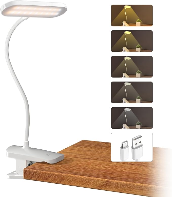 CUHIOY Rechargeable Clip on Light, Bed Headboard Reading Lamp, White | Portable Cordless Battery-Operated USB-C, 5 Colors 5 Brightness Goose-Neck, Flicker-Free Clamp Desk Light, Study or Craft Use