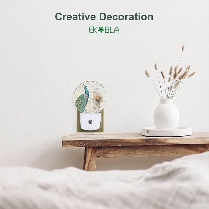 EKOBLA Peacock Floral Decorative Night Light Peacock Feather Retro Night Lights Plug into Wall Auto Sensor Led Lamp 0.5W Sleep Friendly for Girls Boys Men Women