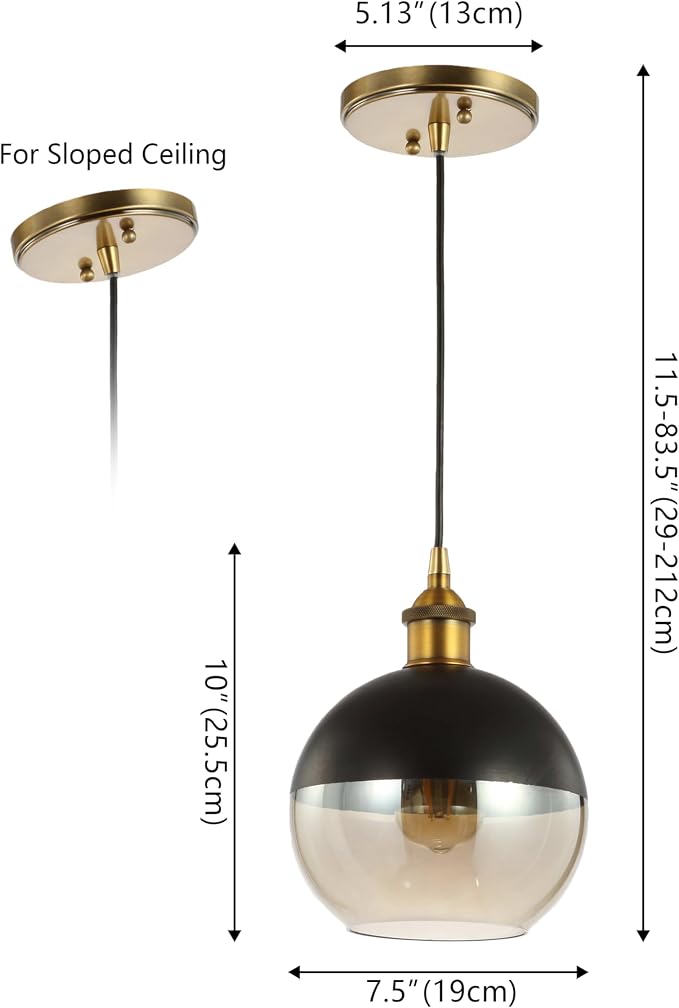 JONATHAN Y Nixon 1-Light 7.5" Globe Pendant, Brass Gold/Black, Set of 2 | Mid-Century Modern, Adjustable, Champagne Smoked Glass Shade, LED Bulbs Included, Metal/Glass Kitchen Island Ceiling Fixture
