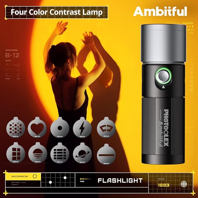 AMBITFUL LED Photography Flashlight, 4 Color Modes 10 Brightness Levels, 8400mAh Rechargeable Handheld Fill Light with Metal Magnetic Gobos for Video Photography Vlog (10W)