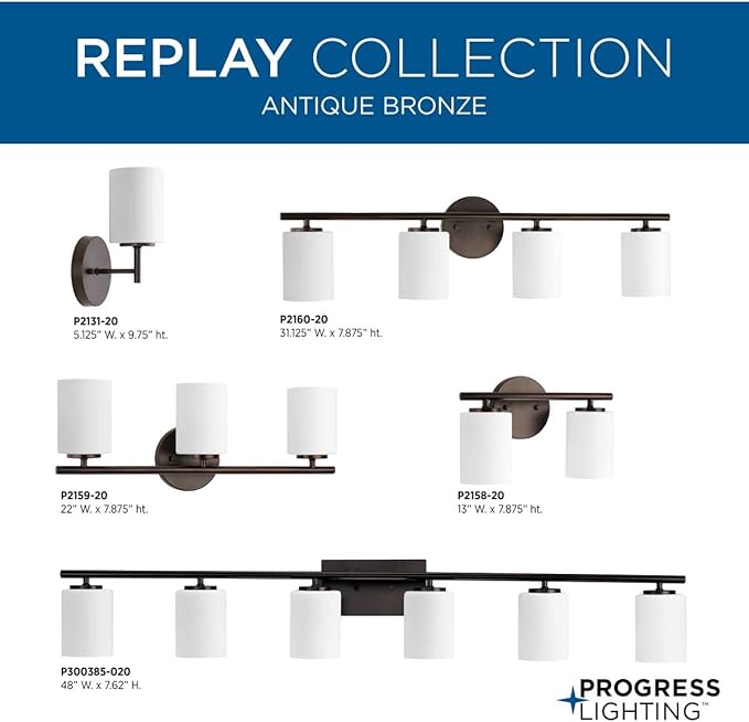Progress Lighting Replay Collection 1-Light Etched White Glass Modern Bath Vanity Light Antique Bronze