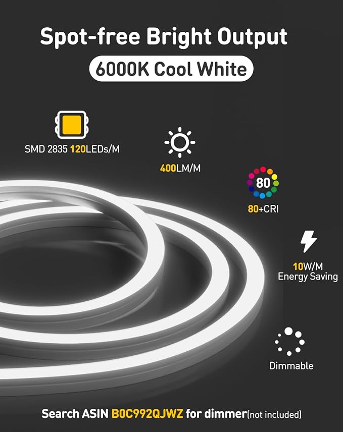 3D LED Neon Rope Light AC 120V 10x10mm, 6000K Cool White,50ft | Top & Side Bend, 400LM, Dotless, Driverless, IP65 Waterproof, Cold-Resistant, ETL Listed, Silicone Strip, for Home Commercial