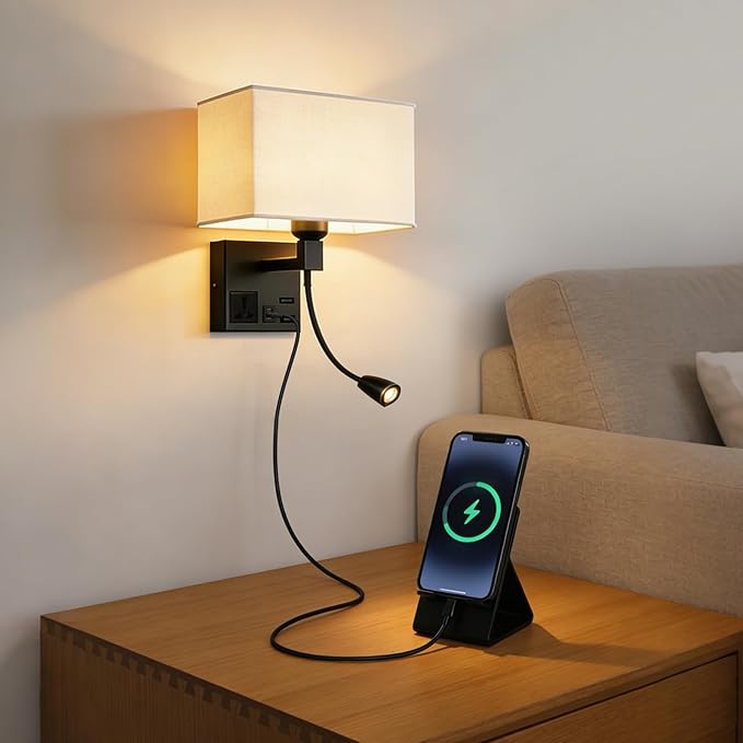 Plug in Wall Sconce, Bedside Wall Lamp for Bedroom with AC Outlet & USBA+C Charging Port, Wall Mounted Reading Light with 360°Adjustable, Black Headboard Lamps with 3 Color Temperature