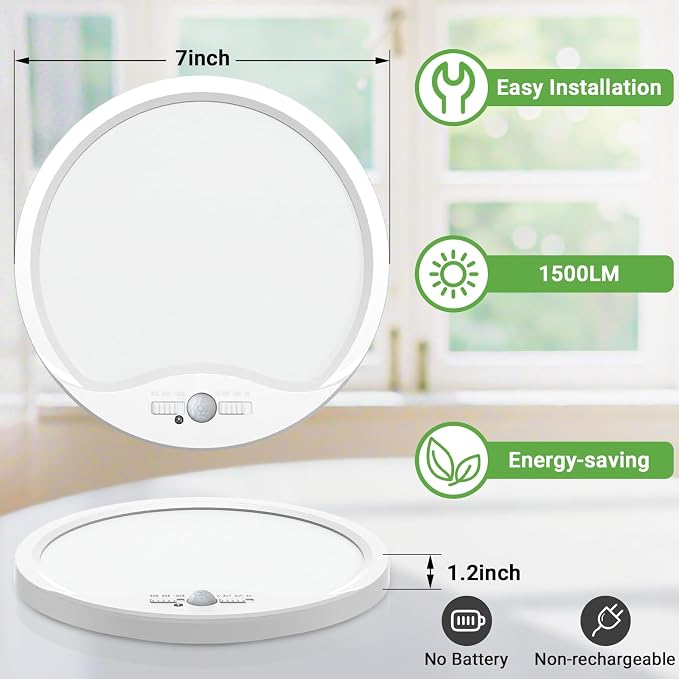 zemty 7inch Small Motion Sensor Ceiling Lights Wired, 15W 1500lm 3CCT/3 Mode/30-120s Timer, Bright White LED Flush Mount Light Fixture Motion Activated for Closet Pantry Hallways Stairwells Garage