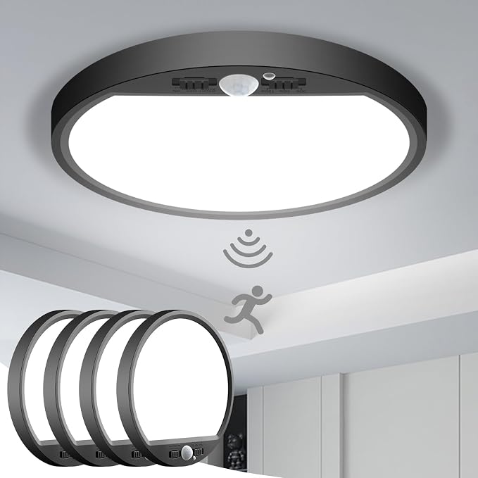 slochi 4 Pack Motion Sensor Light Indoor Wired, 5000K Closet Lights Motion Sensored, 15W 1500LM 7 Inch LED Ceiling Light Fixture for Pantry Hallway Stairwell Porch, Black