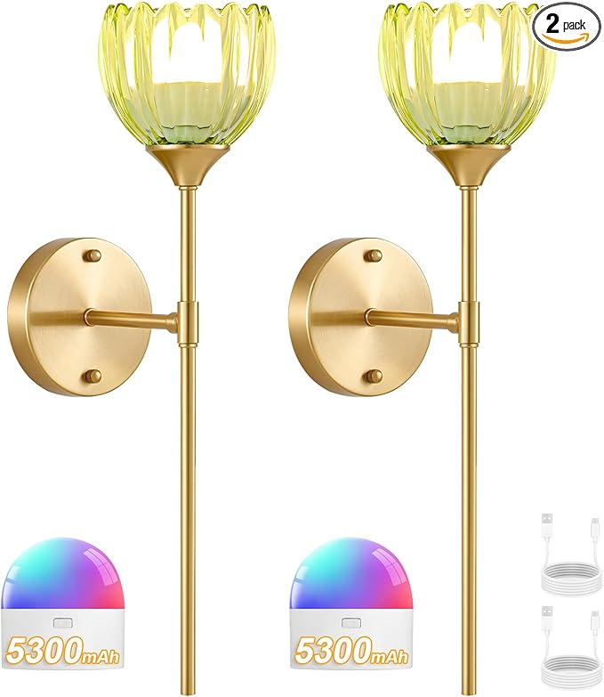 Vintage Battery Operated Wall Sconce Set of 2, Green Tulip Glass Lampshade Wireless 5300 mAh Rechargeable Battery Powered LED Wall Light with Remote Dimmable for Bedroom Bathroom Living Room