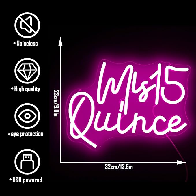 Mis Quince Neon Sign for Wall Decor Dimmable Mis 15 Quinceanera Neon Sign for Room Led Signs for Bedroom Neon Light Signs Light Up Sign for Christmas Birthday Party Gift for Lover