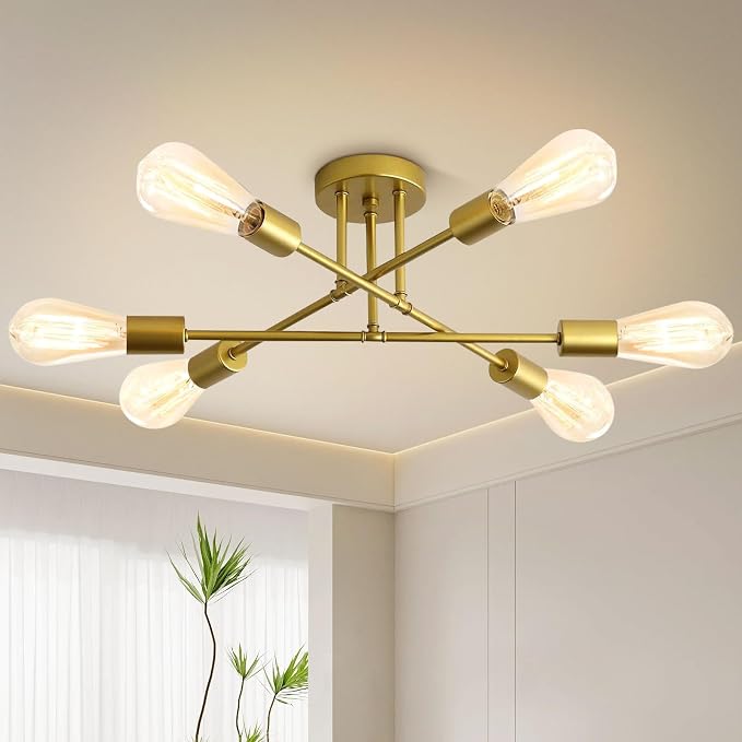 Chandelier, 6-Light Modern Sputnik Ceiling Light, Gold Metal Ceiling Light | Angle Adjustable Dining Room Light Fixture with E26 Base, Light Fixtures Ceiling Mount for Bedroom Living Room Kitchen