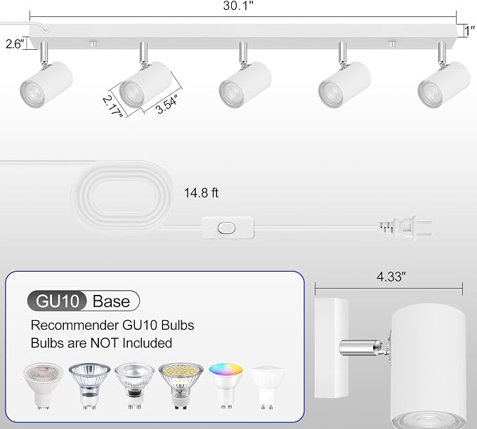 Plug in Track Lighting, LED Track Light Kit, White 5-Light Large Track Lights for Kitchen, 15 FT Cord,30" Large Ceiling Spotlight, Rotatable Wall Mount Light Head for Bedroom Hallway Living Room