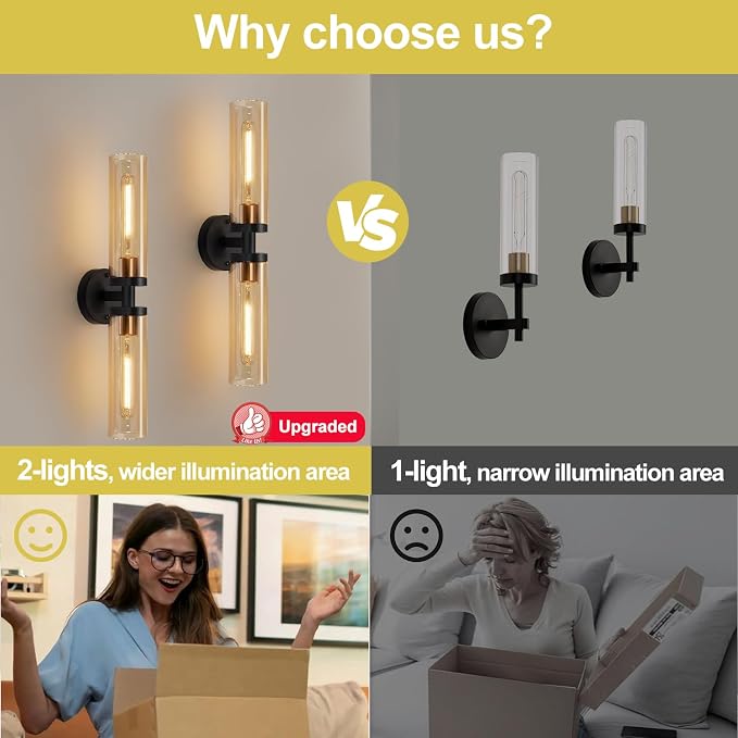 Indoi Wall Sconces Set of Two, Hardwired Black and Gold Bathroom Sconces Wall Lights with Amber Glass, Modern Sconces Wall Decor Set of 2 Vanity Light fixtures for Bathroom Mirror Living Room