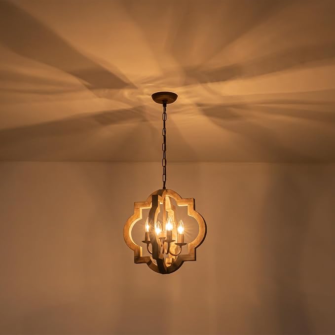 16" Farmhouse Chandelier Orb Distressed Wood Oak Dining Room Light Fixture | Rustic Country Style, Rust-Brown Finish, 4-Light Hanging Pendant Light For Foyer Entryway Kitchen Island Bedroom Over Table