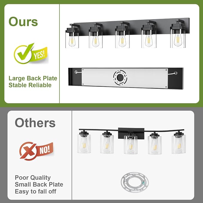 Black Bathroom Light Fixtures, 5 Lights Bathroom Lighting Fixtures Over Mirror, Square Design & Rectangle Large Backplate, Modern Vanity Lighting Fixtures, for Bathroom/Living Room/Bedroom