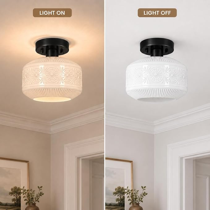 DSMJFU Black Semi Flush Mount Ceiling Light, Vintage Small Ceiling Light Fixture, Thickened White Glass Hallway Lighting Fixture, Kitchen Ceiling Mount Light for Entry Way, Bedroom, Bathroom