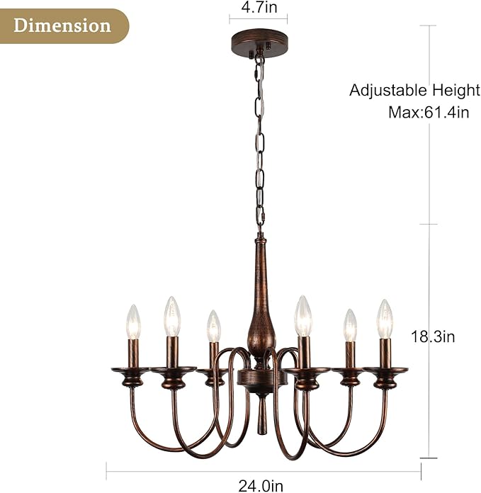 24" Farmhouse Chandelier for Kitchen Island, 6-Light French Country Chandelier with Adjustable Chain, Oil Rubbed Bronze Candle Pendant Light for Dining Room, Living Room, Foyer
