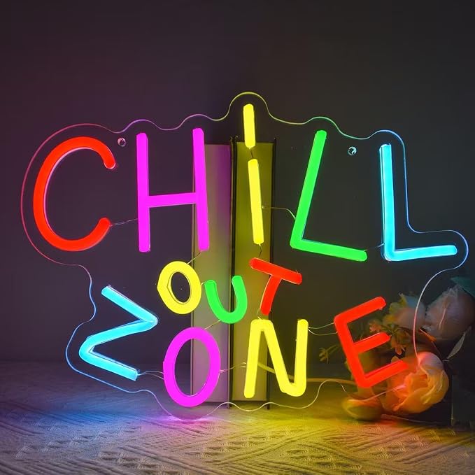 Chill Out Zone Neon Signs for Wall Art Decor, Colorful LED Ligh Sign for Bedroom Dimmable Chill Led Neon Light for Game Room Cafe Bar Kids Room Man Cave Decoration