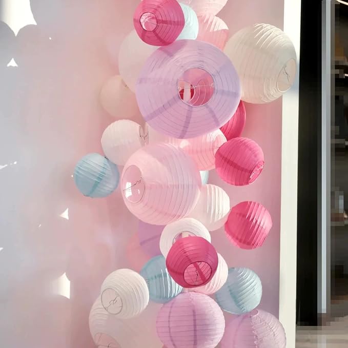12Pcs 6,8,10,12 Inch Mixed Sizes Pink Paper Lanterns Decorative Chinese, Japanese Hanging Round Paper Lanterns Lamp for Birthday, Wedding, Christmas, Bridal, Home Decor, Party Decoration