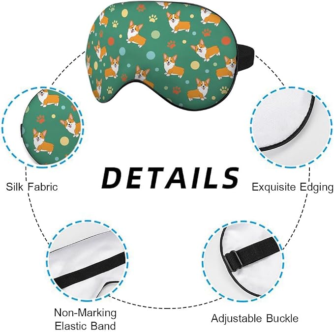 Funny Dog Sleep Mask Eye Mask Corgi Cute Puppies Cartoon Pet Animal Green Sleep Mask Light Blocking Adjustable Smooth Soft Eye Masks for Women Deep Rest Travel