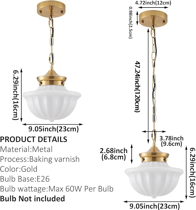 Schoolhouse Pendant Fixtures, 9" Brass Gold Milk Glass Pendant Light, Adjustable Mid Century Ceiling Pendant Lighting for Bedroom Kitchen Living Room Hallway Dining Room