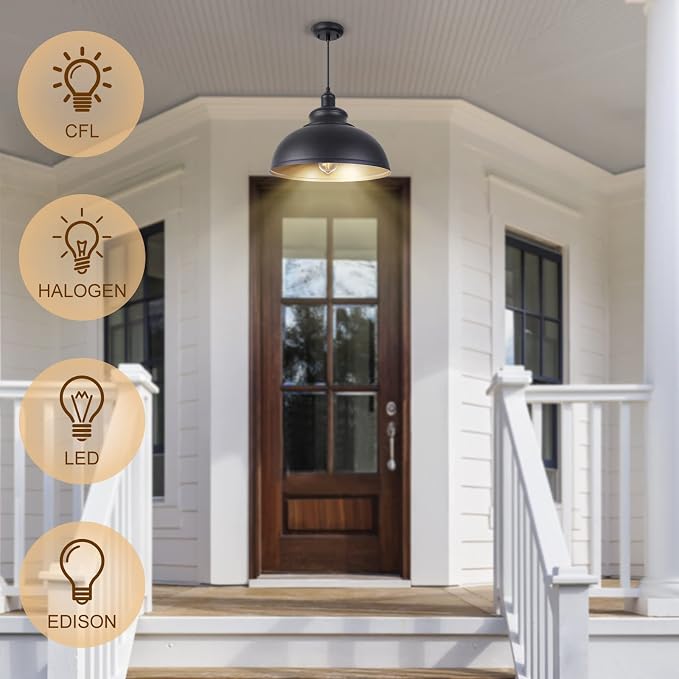 15 1/2in Large Dome Barn Pendant Light for Farmhouse, Black Ceiling Mounted Lighting with Brass Interior for Kitchen, Indoor and Outdoor Hanging Light Fixture with Ajustable Cord