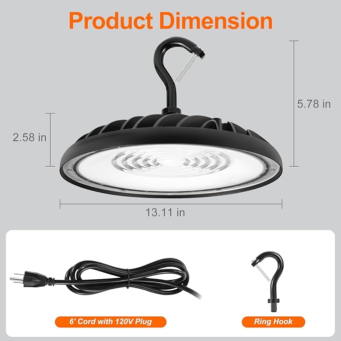 SYLVANIA UFO LED High Bay Light, 200W, 22,000 LMS, 5000K, Daylight, 120V with 6 Foot Cord/Plug, High Bay Led Shop Lights for Commercial Warehouse Workshop Factory Barn Garage, UL Listed-1 Pack (66333)