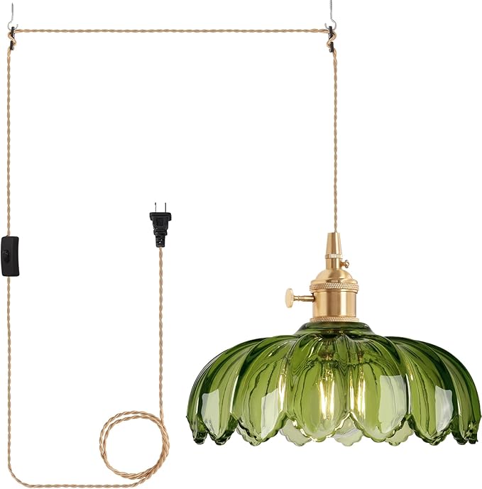 Plug in Pendant Light Hanging Light Fixtures with Plugin Cord On/Off Switch,Green Scindapsus Glass Lampshade Brass Pendant Light