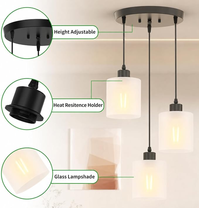 3 Light Pendant Lighting, Farmhouse Hanging Light Fixture for Kitchen Island & Dining Room, Industrial Vintage Ceiling Lamp with E26 Base, Adjustable Height, with White Glass 4.7" Shades