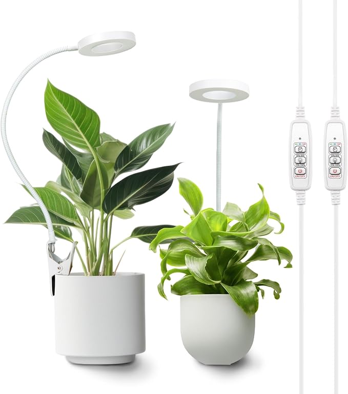 LORDEM Grow Light,Full Spectrum Pot Clip LED Plant Growth Light with Auto On/Off Timer 4/8/12H,Plant Lamp with 360°Rotatable Gooseneck, 4 Dimmable Brightness, Ideal for Small Indoor Plants, 2 Pack