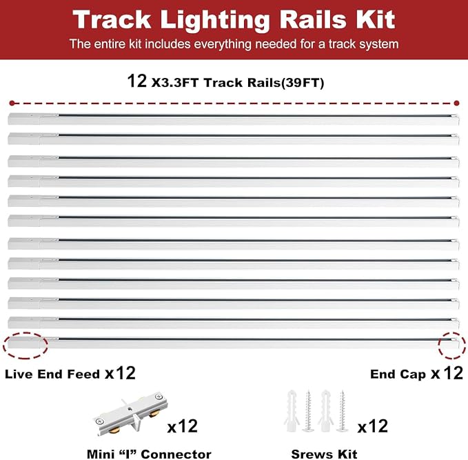 39FT H Track Lighting Rails White, H Type Track Lighting Rails Kit with End Caps and Live End Feed Connector, Compatible with 3-Wire Single Circuit H Style System