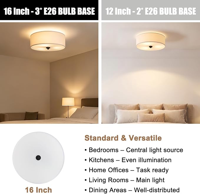 16" Semi Flush Mount Ceiling Light,E26 3-Light,White Drum,Modern | Close to Ceiling Light with White fabric shade,Great for Living Room,Dining Rooms,Bedroom,Kitchen, Bulbs NOT Included