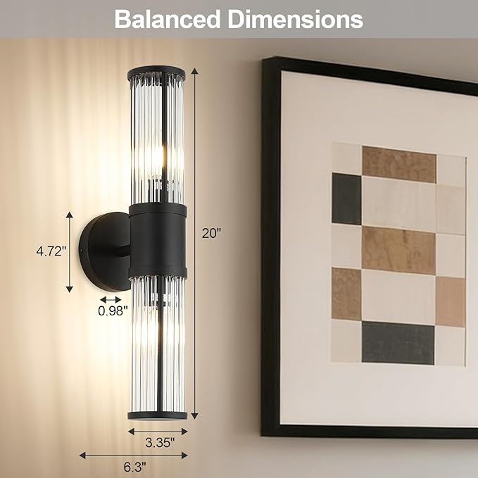 19.7" Modern Bathroom Wall Sconce Light Fixture, Black Glass Rod Vanity Light with E12 Base, Up or Down Mounting for Mirror Makeup Lighting (Bulbs Not Included)