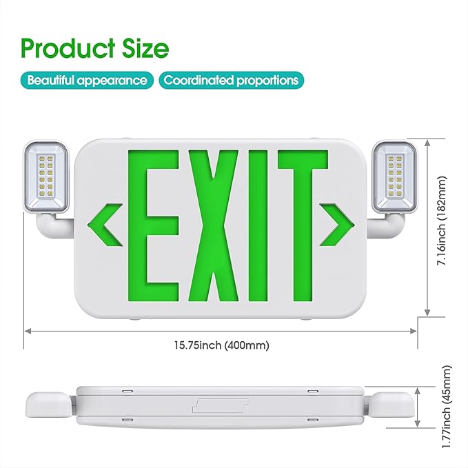 Led Combo Emergency Exit Sign Light with Two Adjustable Head Lights and Backup Battery,US Standard Green Letter Commercial Emergency Exit Lighting,UL 924,120/277V (2Pack)