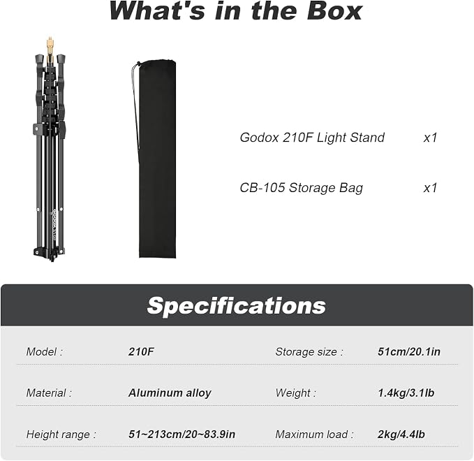 Godox Light Stand 210CM/83.9 in Extendable Photography Light Stand with 1/4” & 3/8” Universal Screw Reversible Portable Studio Lighting Tripod with Carry Bag Portable for Strobe Light Camera Softbox