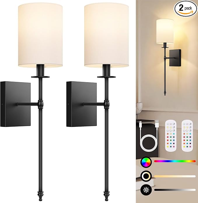 Battery Operated Wall Sconces Set of 2, Rechargeable Sconces with Remote | Black Wall Lights with White Fabric Shade, Dimmable Wireless Wall Lamp with RGBWW Bulbs for Bedroom Living Room Hallway Decor