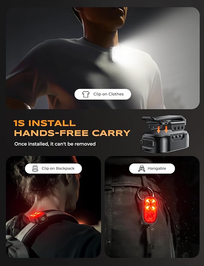 500LM Ultra Bright Mini Clip-on Flashlight Rechargeable, 10 Modes Hands-Free Pocket EDC Flashlight, Waterproof Small Keychain Flashlight, Running Lights for Runners/Emergency/Work/Walking