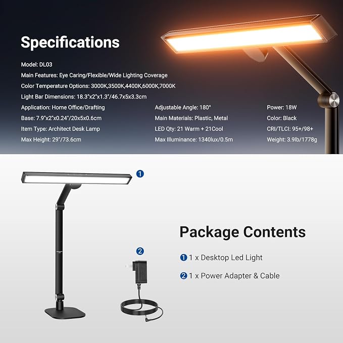 NEEWRE Basics 18" LED Video Light Bar with Base for Desk, 18W Bi Color Eye Friendly Dimmable Overhead Architect Lighting for Video Conference Zoom, 1340lux/0.5m, Touch Control/CRI95+, DL03