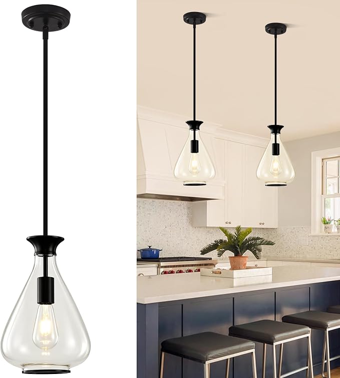 Modern Pendant Lights Kitchen Island, 1 Pack Matte Black Pendant Light Fixtures with 8.5" Clear Glass Shade, Industrial Hanging Pendant Lights Fixture for Kitchen Island Dining Room Bedroom Entryway