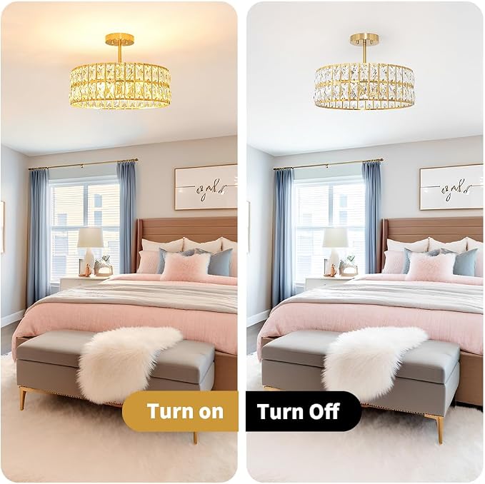 Lxybcce Crystal Ceiling Light Fixture, Modern Brushed Gold Ceiling Light Chandelier, Semi Flush Mount Chandelier Lighting Fixture for Kitchen Entryway Living Room Dining Room, 5-Light, 16 Inch