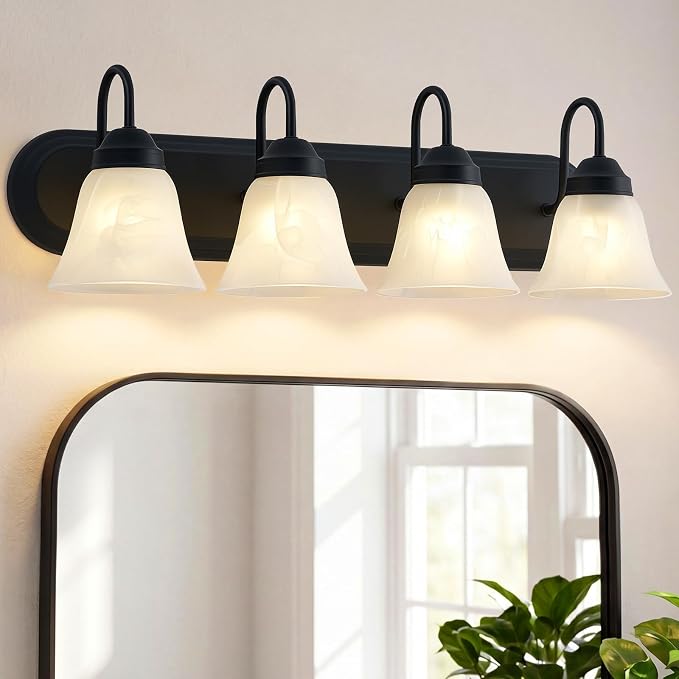 EJIAXIN 4-Light Bathroom Light Fixtures Over Mirror, Matte Black Modern Vanity Lights for Bathroom, Vanity Lighting Fixtures with E26 Base for Mirror Living Room Bedroom Cabinet