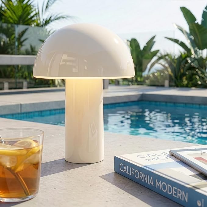 Brightech Celia Table Lamp – 10" Touch-Controlled Mushroom Small Lamp, Cordless & Dimmable LED, Portable Bedside Night Light, Sustainable Mood Light, Recycled Modern Patio Lamp for Home Décor – Cream