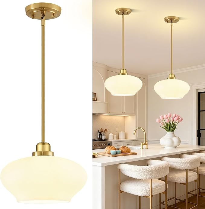 Modern Pendant Lights Kitchen Island, Brushed Gold Pendant Light Fixtures with 11" Milk Glass Shade, Industrial Hanging Pendant Lights Fixture for Kitchen Island Dining Room Bedroom Hallway Entryway