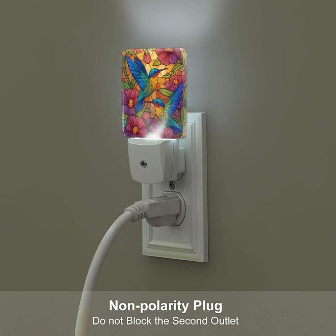 Blue Hummingbirds Night Light Set of 2, Colorful Flowers Auto Sensor LED Dusk-to-Dawn Nightlights, Plug-in Sensor Lamp for Bedroom Bathroom Kitchen Hallway Stairs Decorative