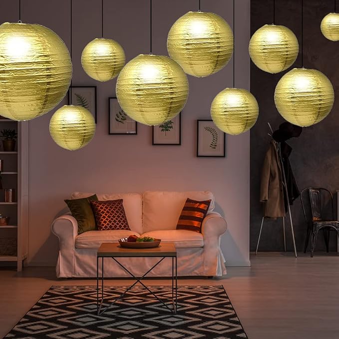 Gold Paper Lanterns 12 Pcs Assorted Size of 6" 8" 10" 12" Chinese Round Paper Hanging Decorations Ball Lanterns Lamps for Home Decorations, Parties, and Weddings