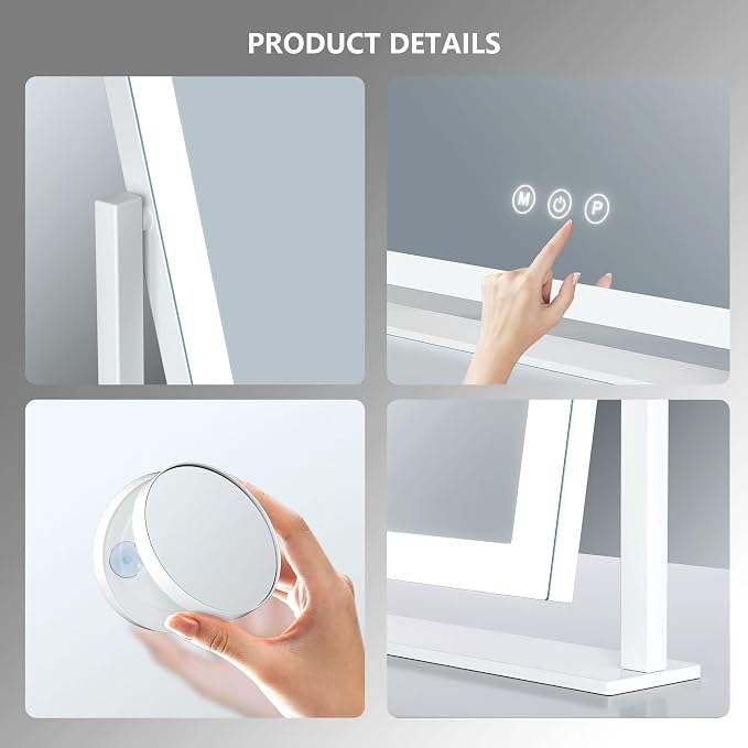 Gvnkvn 15.2" Lighted Makeup Mirror Hollywood Vanity Mirror with Lights, Three Color Modes,Detachable 10X Magnification Mirror, Smart Touch Control, 360°Rotation White