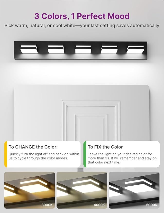 Modern Bathroom Vanity Light, 36" 5-Light Bathroom Lighting Fixtures Over Mirror, LED Vanity Light 3000K 4000K 5000K CCT Adjustable, Matte Black