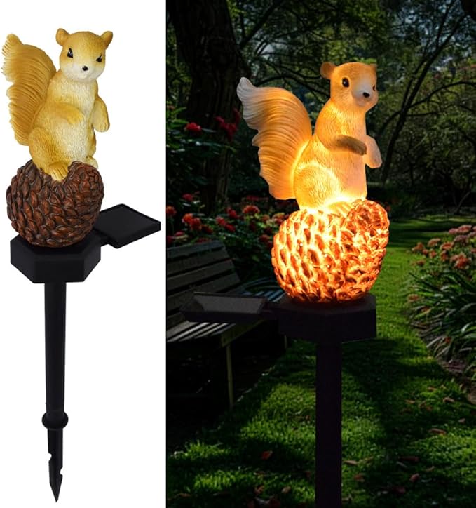 Solar Energy Pinecone Squirrel Light, Garden Decoration Resin Cute Animal Ground Lamp,Wireless Dusk to Dawn LED Sconce Lights Waterproof.