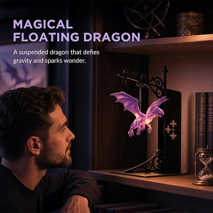 Magical Floating Dragon Bookshelf Lamp, Warm LED Dragon Night Light, Fantasy Reading Nook Decor, Unique Gift for Fantasy Lovers and Book Readers (Purple)