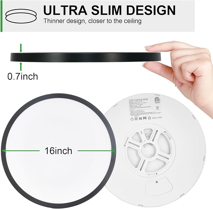 LED Flush Mount Ceiling Light: 16 inch 1Pack Super Slim Dimmable & 5CCT (2700-6500K) Kitchen Lighting Fixtures Ceiling - 32W Black Low Profile Ceiling Lamp for Bedroom Garage Hallway